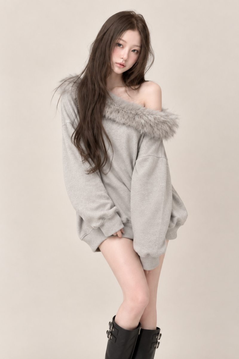 Noelle Fur Collar Off Shoulder Sweat ノエルファーカラーオフショルスウェット RE-10222
