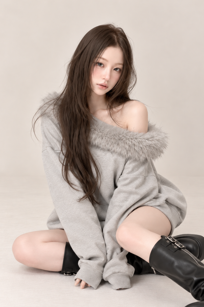 Noelle Fur Collar Off Shoulder Sweat ノエルファーカラーオフショルスウェット RE-10222