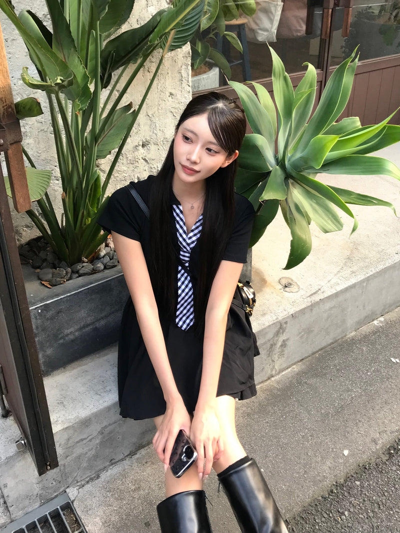 6/13 20:00~ Black Gingham Tie Onepeace ネクタイ風ワンピース RE-10159