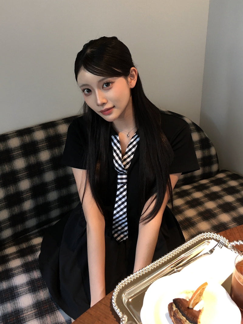 6/13 20:00~ Black Gingham Tie Onepeace ネクタイ風ワンピース RE-10159