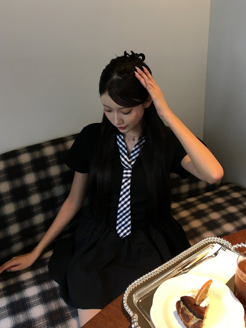 6/13 20:00~ Black Gingham Tie Onepeace ネクタイ風ワンピース RE-10159